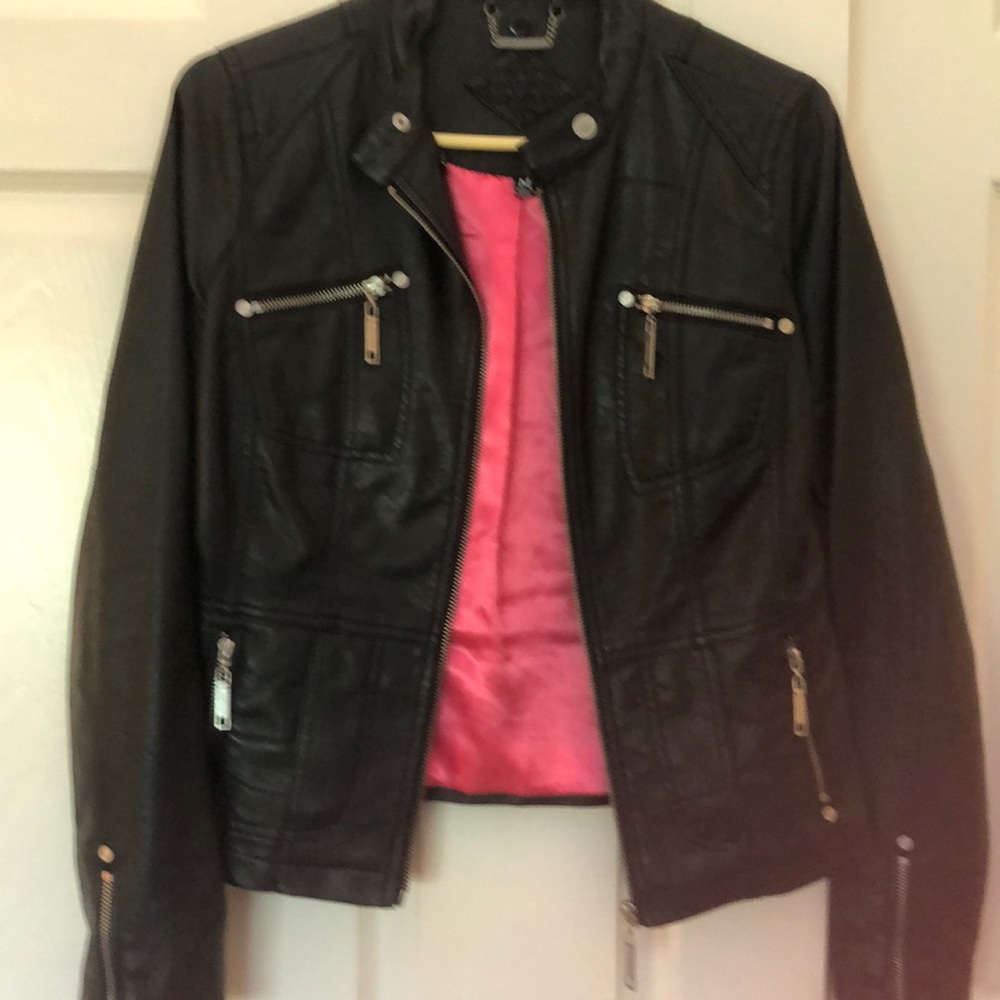 Fun faux leather jacket with pink lining